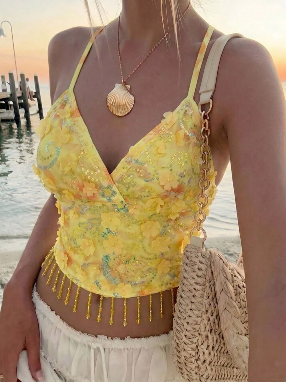Yellow Boho Women's 3d Floral Decor Fringe Hem Camisole Top